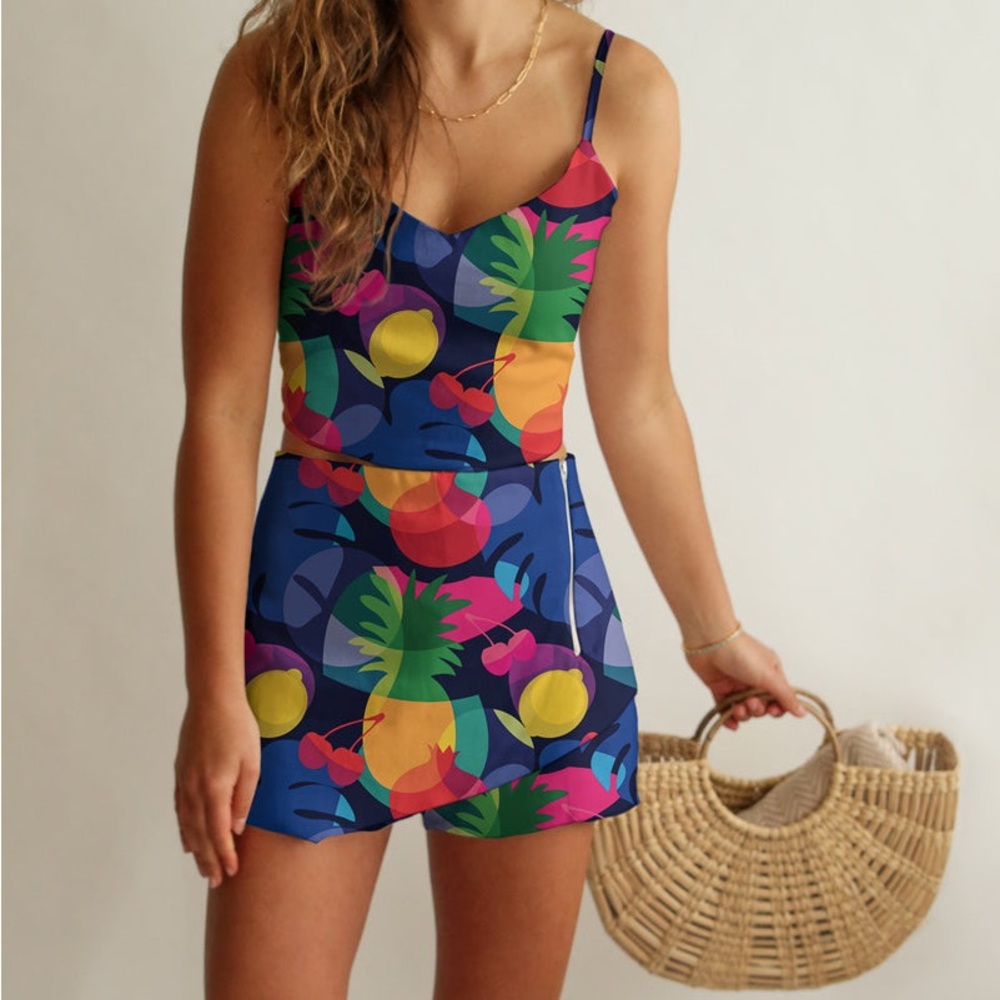 Tropical Print Blue Two-Piece Skirt Set